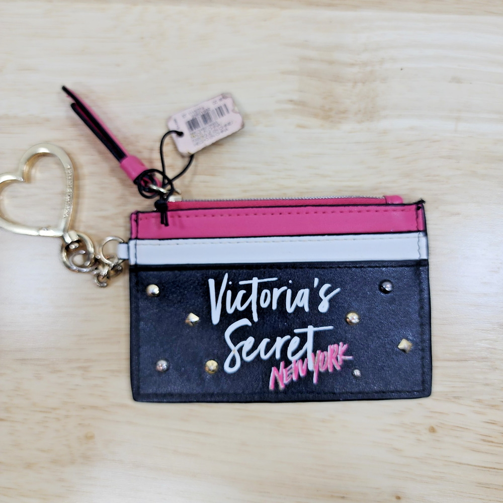 Victoria’s Secret New York Card Holder Keychain Pink Black White Studded Coin Po